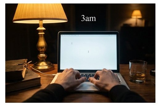 Scrivania alle 3 di notte con laptop e bicchiere di whisky